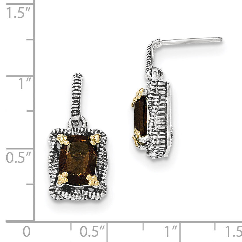 Smokey Quartz Dangle Post Earrings Sterling Silver & 14k Gold QTC1505