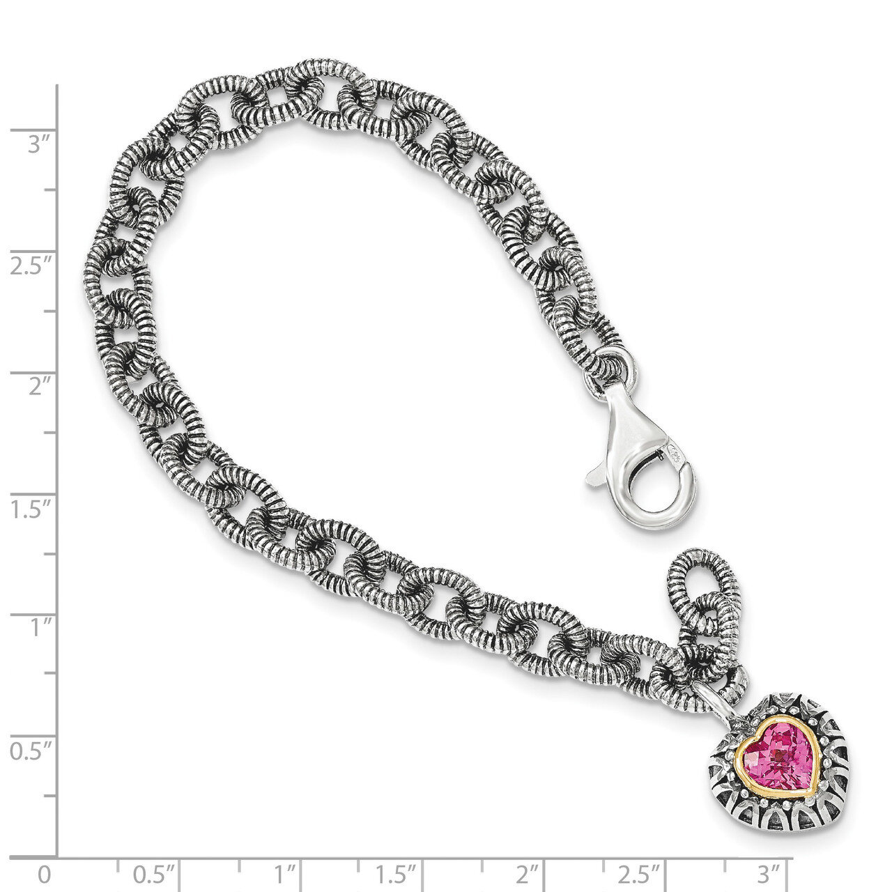 Created Pink Sapphire Heart Charm Bracelet Sterling Silver &amp; 14k Gold QTC1523, MPN: QTC1523, 886774…