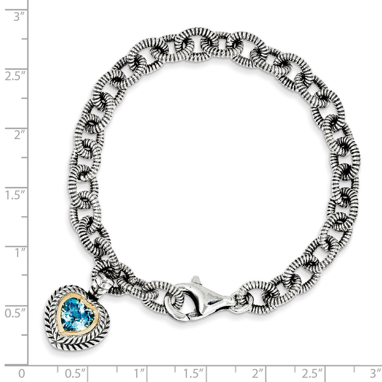 6.43 Swiss Blue Topaz 7.5 Inch Heart Bracelet Sterling Silver &amp; 14k Gold QTC395, MPN: QTC395, 88395…