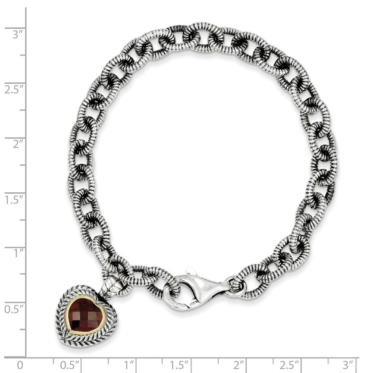5.71 Garnet Heart 7.5 Inch Link Bracelet Sterling Silver &amp; 14k Gold QTC397, MPN: QTC397, 8839575027…