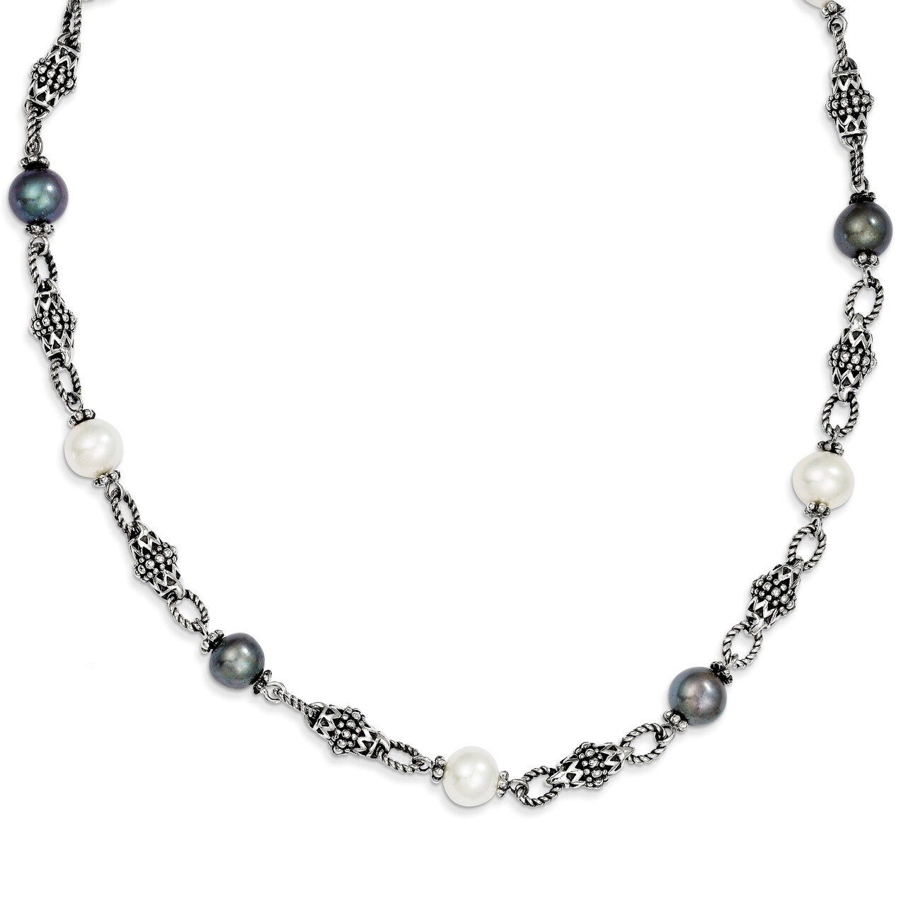 Cultured Black & White Pearl Necklace Sterling Silver QTC449