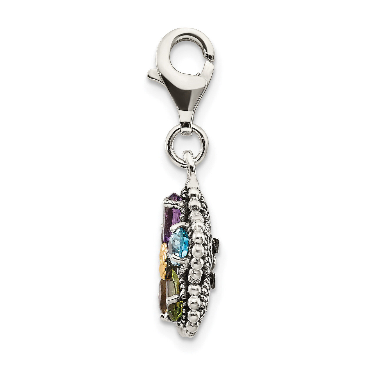 Multi Gemstone Flower with Lobster Clasp Charm Sterling Silver & 14k Gold Antiqued QTC464
