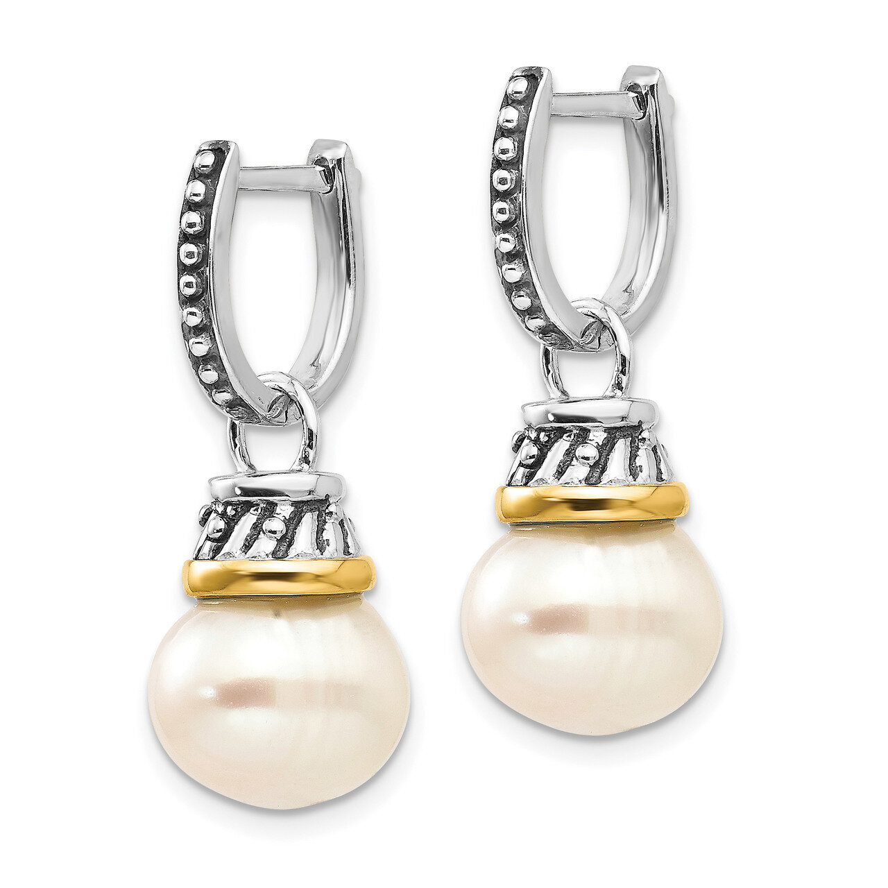 10mm Cultured Pearl Dangle Earrings Sterling Silver &amp; 14k Gold QTC536, MPN: QTC536, 685146727952