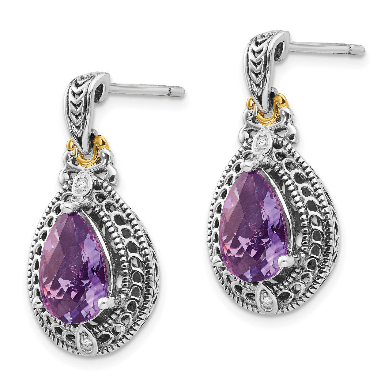 Diamond &amp; Amethyst Earrings Sterling Silver &amp; 14k Gold QTC698, MPN: QTC698, 886774244907