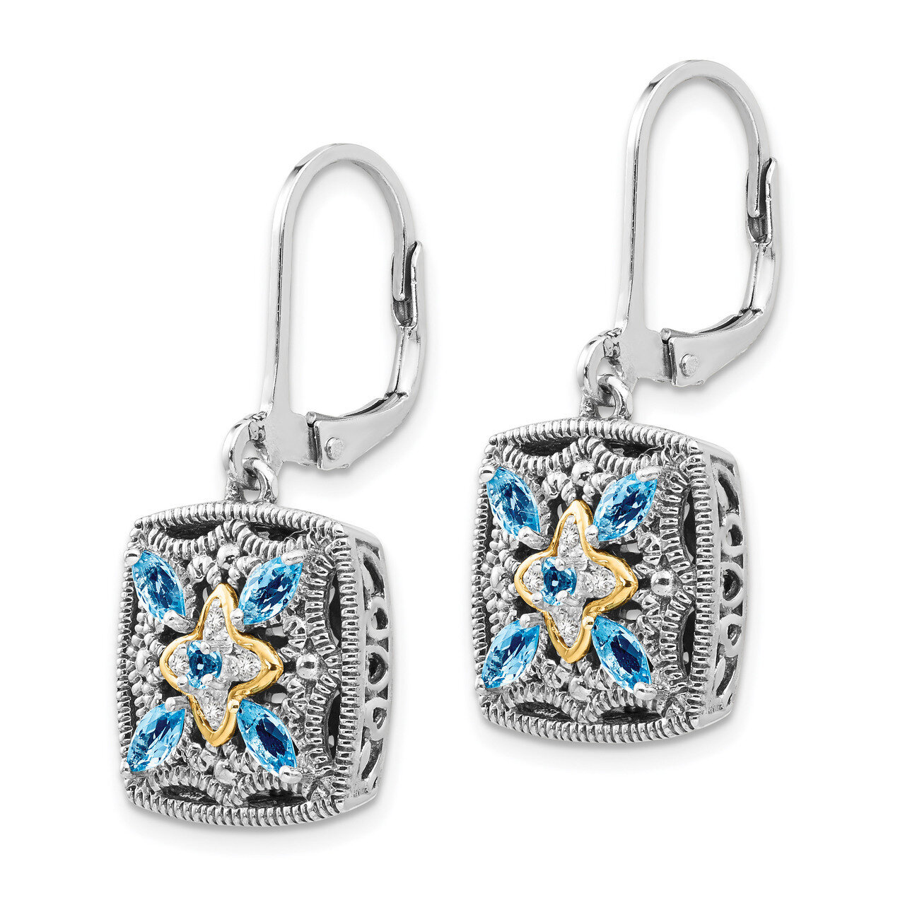 Diamond & Blue Topaz Earrings Sterling Silver & 14k Gold QTC772