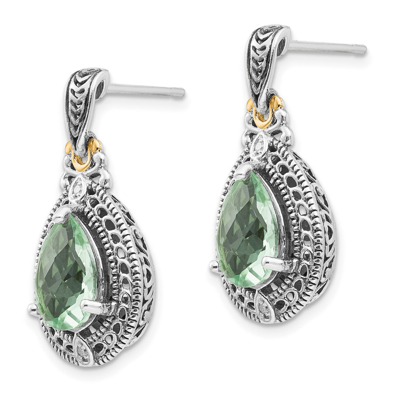 Diamond &amp; Green Quartz Earrings Sterling Silver &amp; 14k Gold QTC886