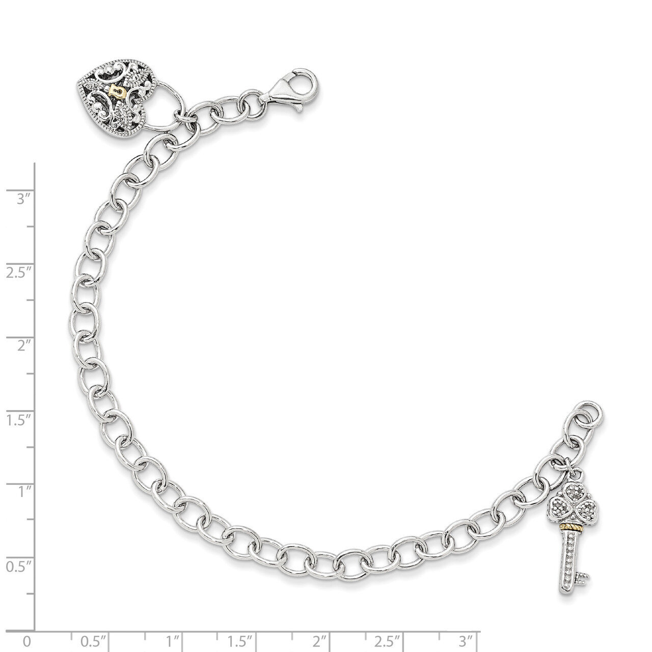 Diamond Heart Lock and Key 7 Inch Bracelet Sterling Silver &amp; 14k Gold QTC949, MPN: QTC949, 19110138…