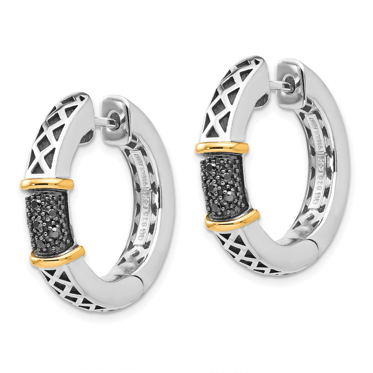 1/10ct. Black Diamond Hinged Hoop Earrings Sterling Silver & 14k Gold Antiqued QTC953