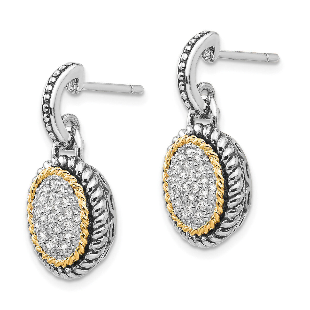 Diamond Post Dangle Earrings Sterling Silver &amp; 14k Gold Antiqued QTC954