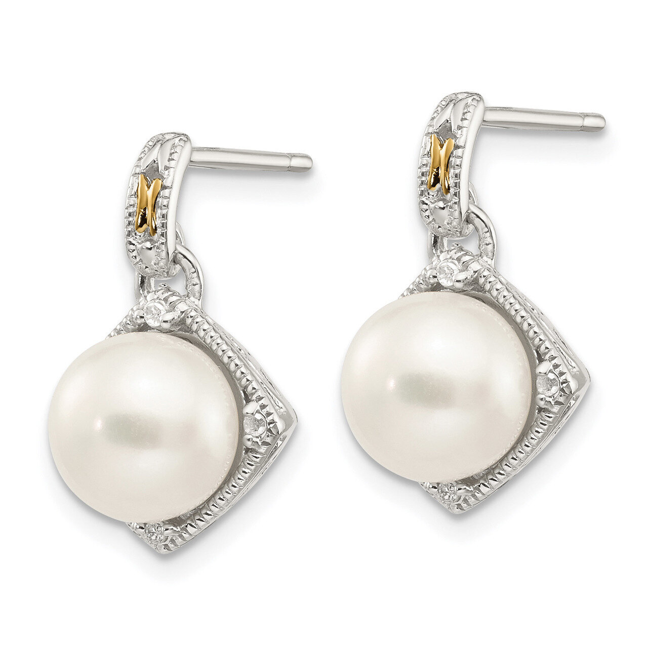 Cultured Pearl Diamond Post Earrings Sterling Silver &amp; 14k Gold QTC960