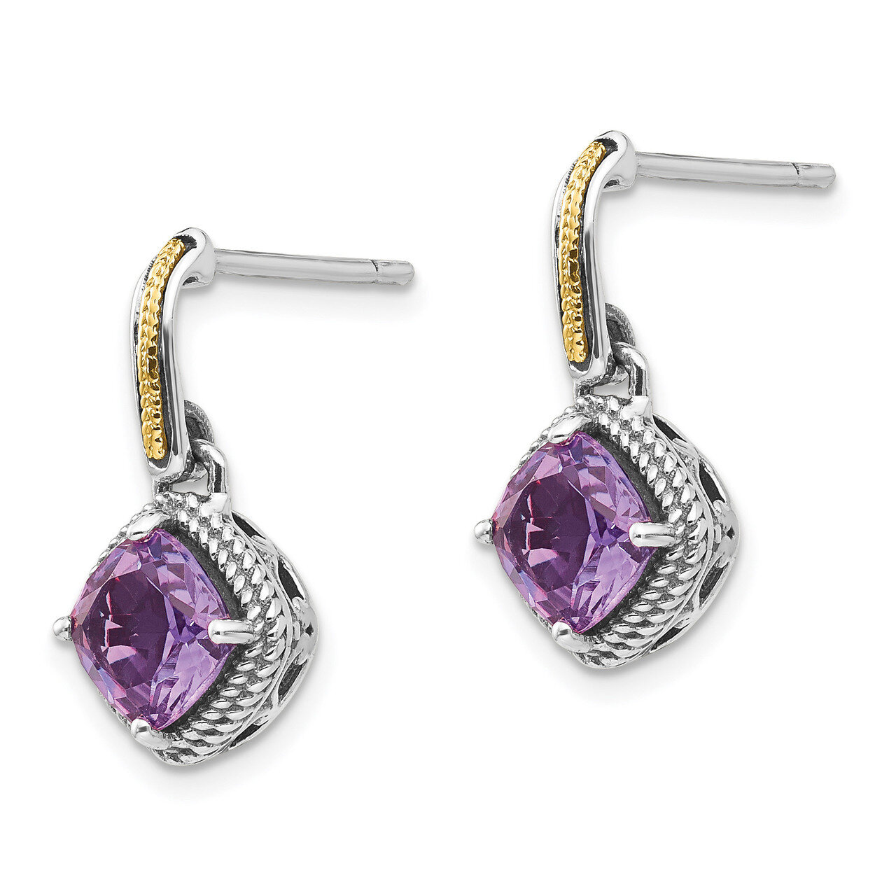 Amethyst Post Dangle Earrings Sterling Silver &amp; 14k Gold Antiqued QTC961, MPN: QTC961, 191101386206