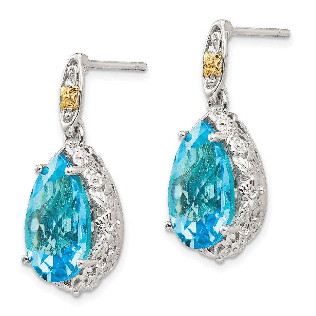 Blue Topaz Post Dangle Earrings Sterling Silver &amp; 14k Gold QTC975, MPN: QTC975, 191101387067
