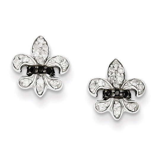 Black and White Diamond Fleur de Lis Post Earrings Sterling Silver QE7850