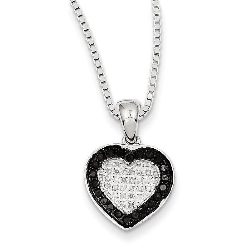 Black &amp; White Diamond Heart Pendant Necklace Sterling Silver QP2333