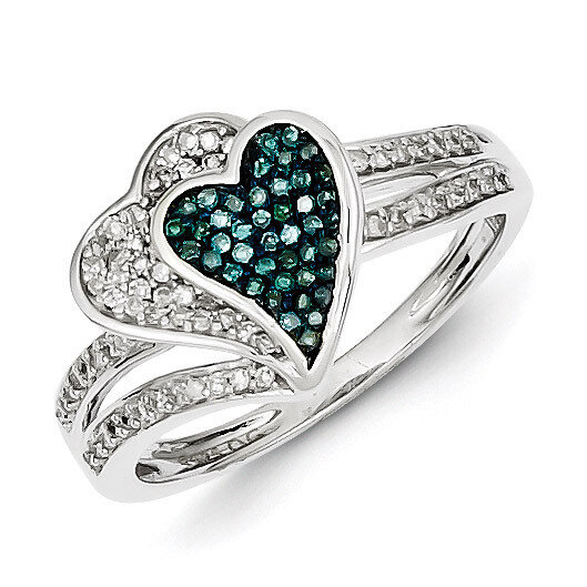 Blue &amp; White Diamond Hearts Ring Sterling Silver Rhodium-plated QR5175