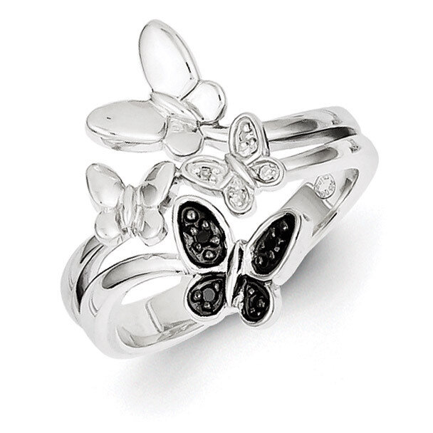 White &amp; Black Diamond Butterfly Ring Sterling Silver QR5426