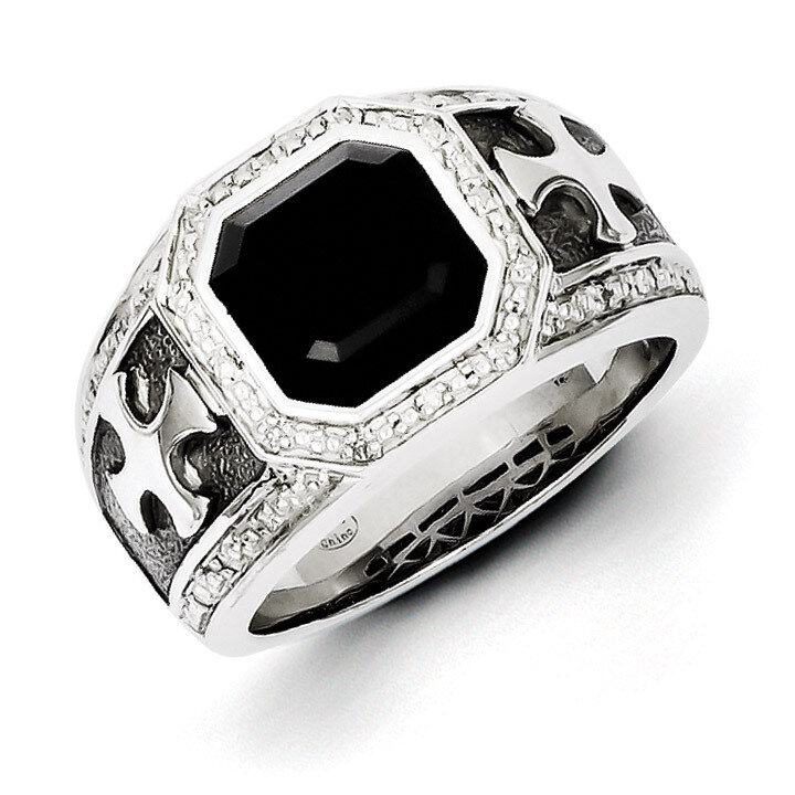 Diamond & Onyx Black Rhodium-plated Cross Men's Ring Sterling Silver QR5551