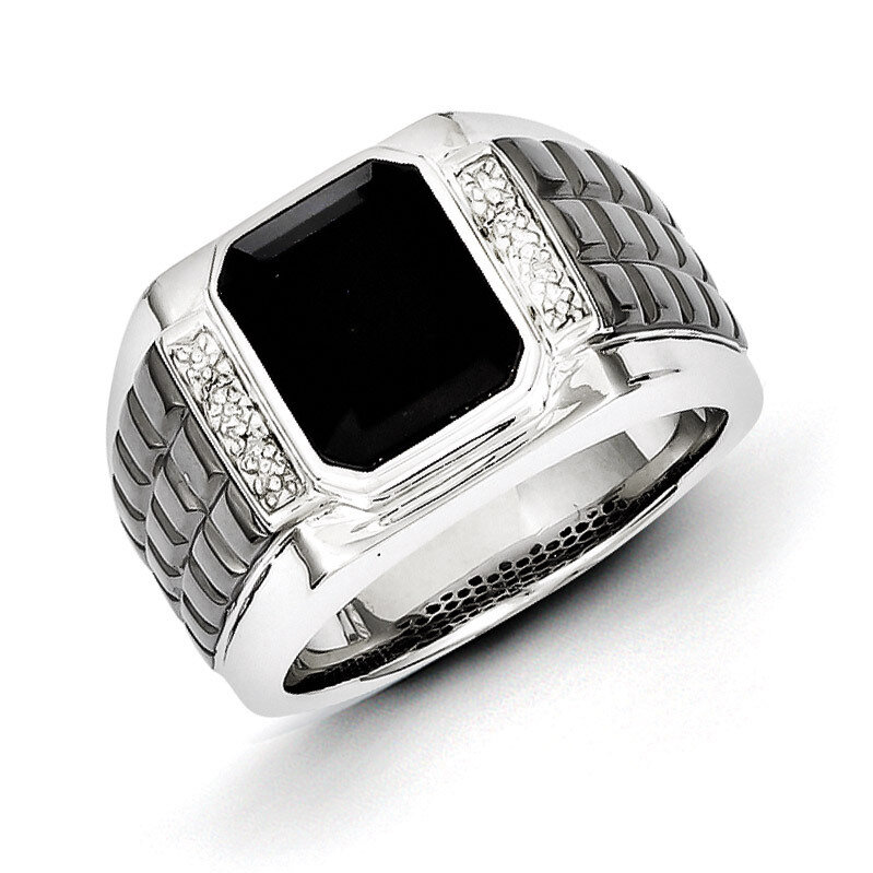 Diamond &amp; Onyx Square Black Rhodium-plated Men&#39;s Ring Sterling Silver QR5559