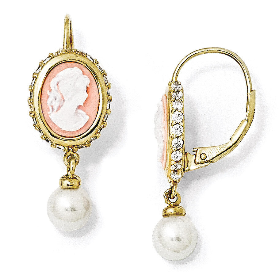 Cheryl M Pearl Cameo Leverback Earring Sterling Silver Gold-plated Cubic Zirconia QCM308