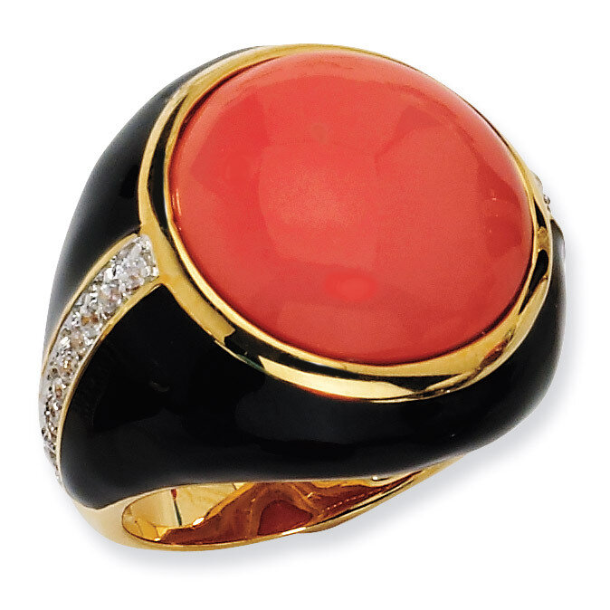 Cheryl M Black Enam Simulated Red Coral & Cubic Zirconia Ring Gold-plated Sterling Silver QCM539