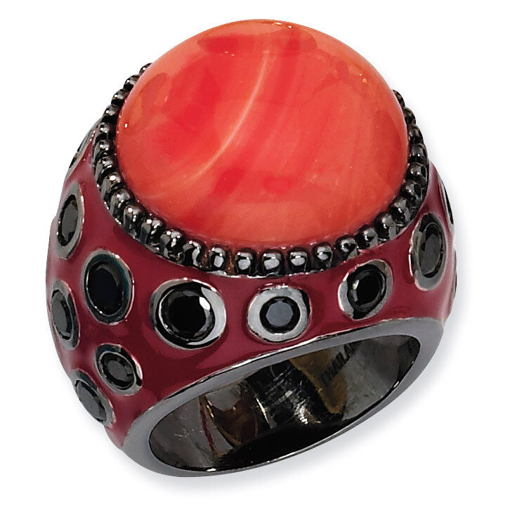 Cheryl M Enameled Simulated Red Coral &amp; Cubic Zirconia Ring Black-plated Sterling Silver QCM544, MP…