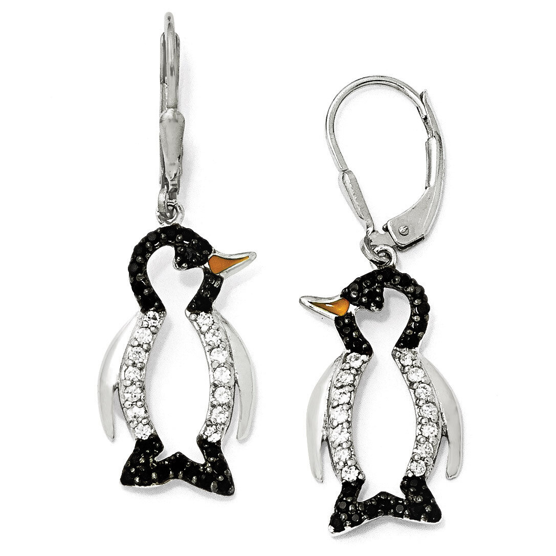 Cheryl M Enameled Black &amp; White Cubic Zirconia Penguin Leverback Earrings Sterling Silver QCM597, M…