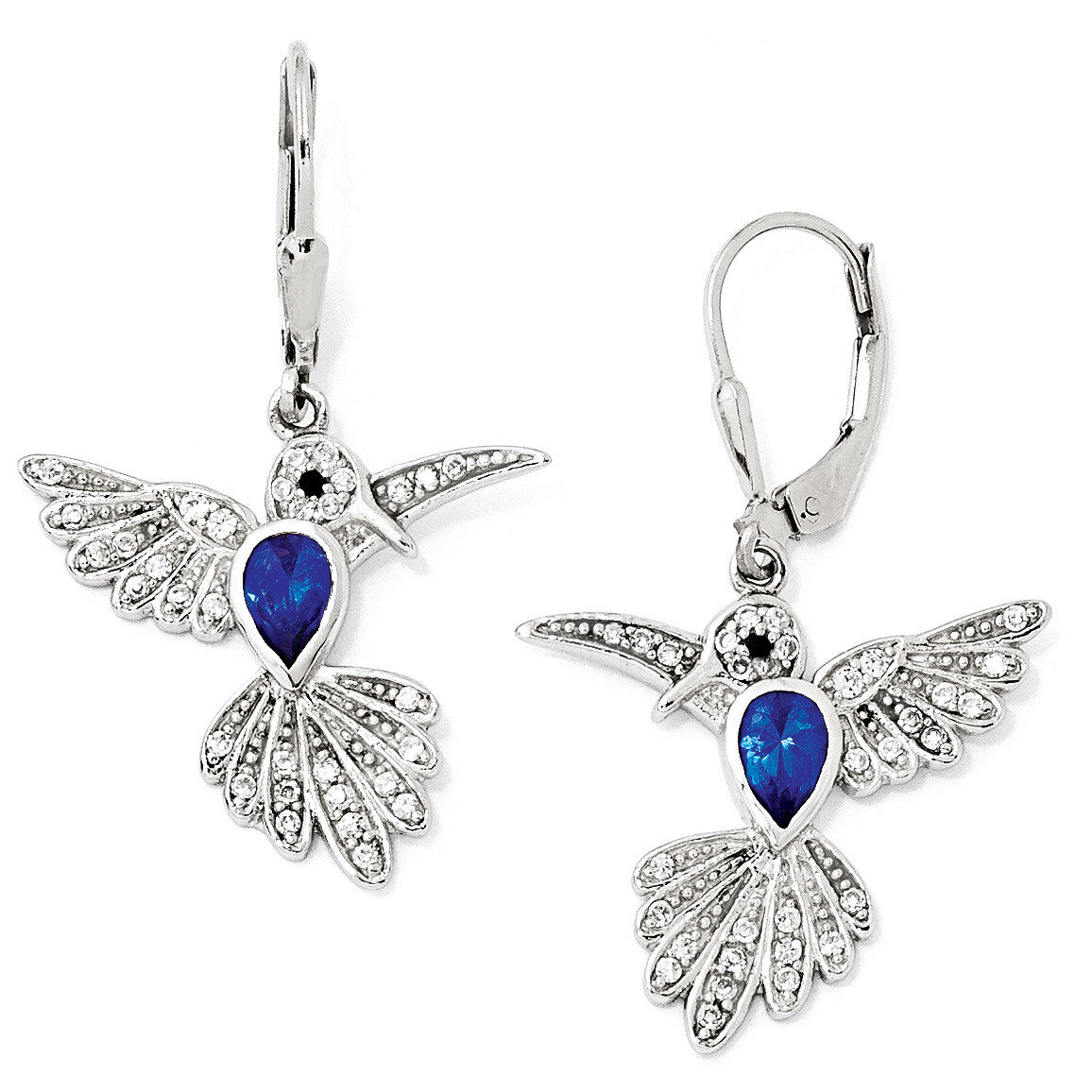 Cheryl M Cubic Zirconia & Dark Blue Spinel Hummingbird Leverback Earrings Sterling Silver QCM606