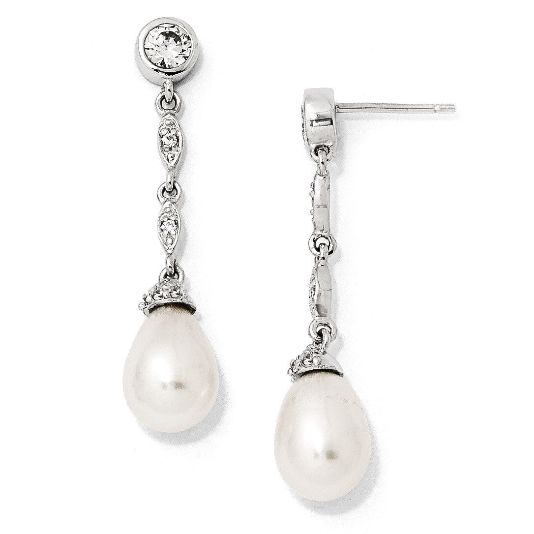 Cheryl M Pearl Post Dangle Earrings Sterling Silver Cubic Zirconia QCM825, MPN: QCM825, 883957459202