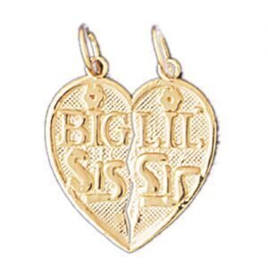 Big Sister Lil Sister Heart Pendant Necklace Charm Bracelet in Yellow, White or Rose Gold 9935