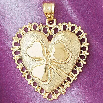 Heart With Three Leaf Clover Pendant Necklace Charm Bracelet in Yellow, White or Rose Gold 7068