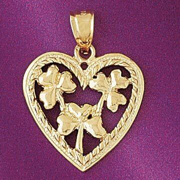 Heart With Three Leaf Clover Pendant Necklace Charm Bracelet in Yellow, White or Rose Gold 7070