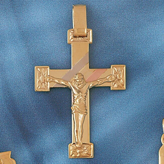 Two Tone Jesus Christ on Cross Pendant Necklace Charm Bracelet in Yellow, White or Rose Gold 7651