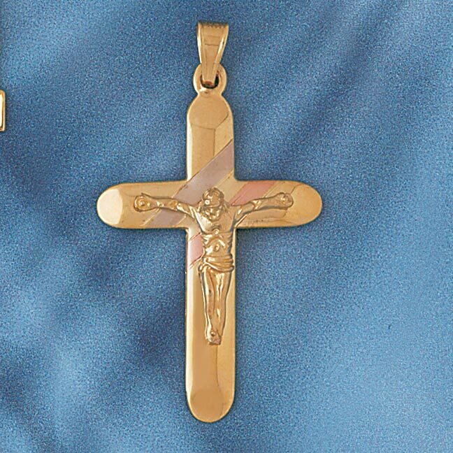 Two Tone Jesus Christ on Cross Pendant Necklace Charm Bracelet in Yellow, White or Rose Gold 7656