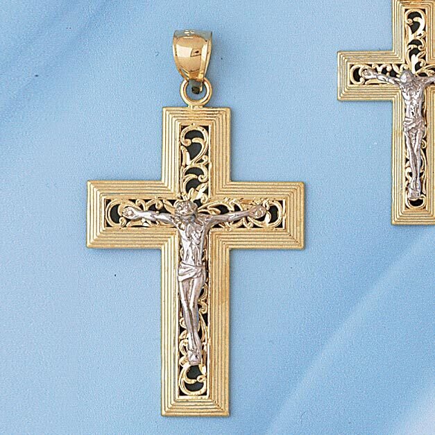 Two Tone Jesus Christ on Cross Pendant Necklace Charm Bracelet in Yellow, White or Rose Gold 7752