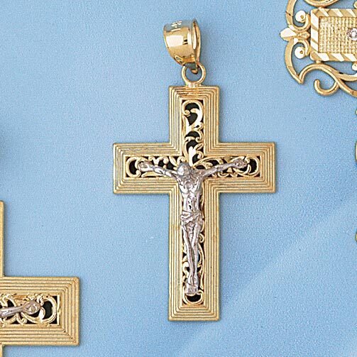 Two Tone Jesus Christ on Cross Pendant Necklace Charm Bracelet in Yellow, White or Rose Gold 7753