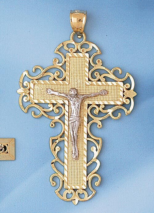 Two Tone Jesus Christ on Cross Pendant Necklace Charm Bracelet in Yellow, White or Rose Gold 7754