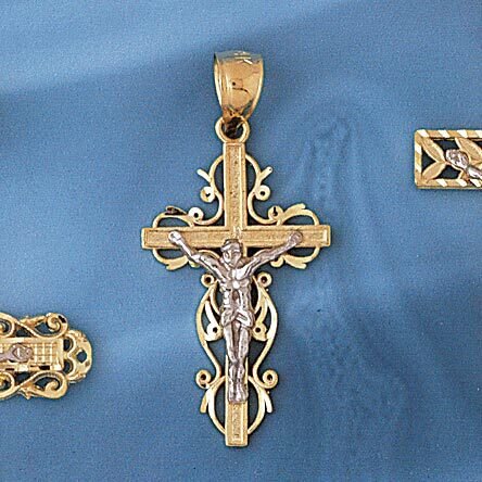 Two Tone Jesus Christ on Cross Pendant Necklace Charm Bracelet in Yellow, White or Rose Gold 7756