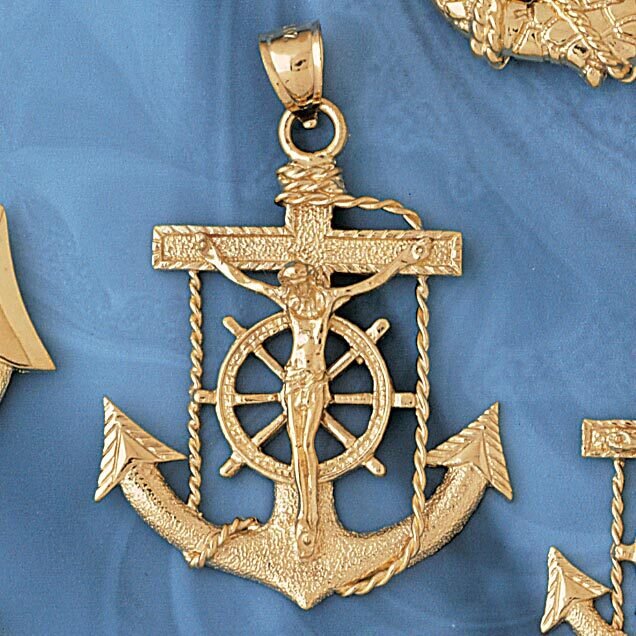 Jesus Christ on Cross Anchor Pendant Necklace Charm Bracelet in Yellow, White or Rose Gold 7827