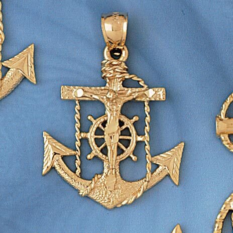 Jesus Christ on Cross Anchor Pendant Necklace Charm Bracelet in Yellow, White or Rose Gold 7829