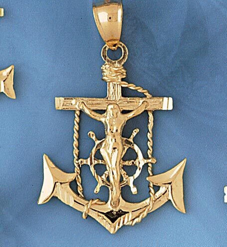 Jesus Christ on Cross Anchor Pendant Necklace Charm Bracelet in Yellow, White or Rose Gold 7833