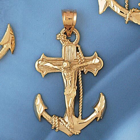 Jesus Christ on Cross Anchor Pendant Necklace Charm Bracelet in Yellow, White or Rose Gold 7839