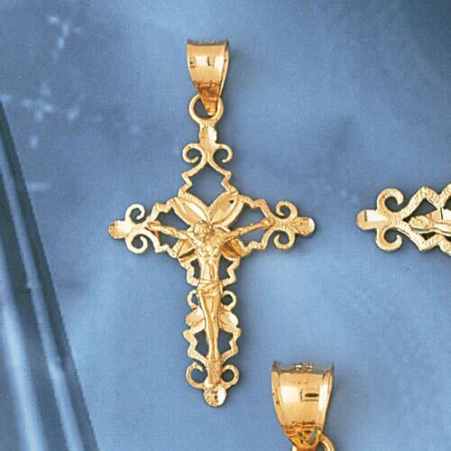 Jesus Christ on Cross Pendant Necklace Charm Bracelet in Yellow, White or Rose Gold 8384