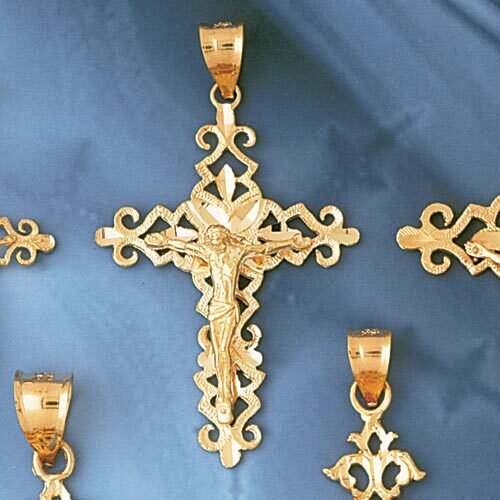 Jesus Christ on Cross Pendant Necklace Charm Bracelet in Yellow, White or Rose Gold 8385