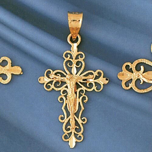 Jesus Christ on Cross Pendant Necklace Charm Bracelet in Yellow, White or Rose Gold 8387