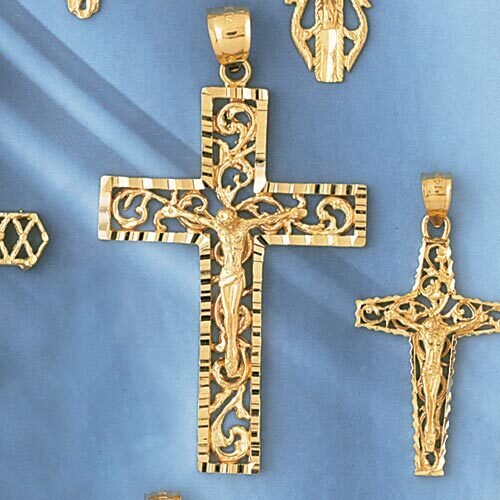 Jesus Christ on Cross Pendant Necklace Charm Bracelet in Yellow, White or Rose Gold 8404