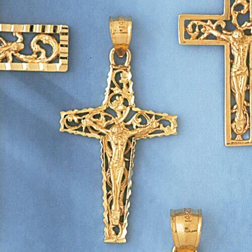 Jesus Christ on Cross Pendant Necklace Charm Bracelet in Yellow, White or Rose Gold 8405