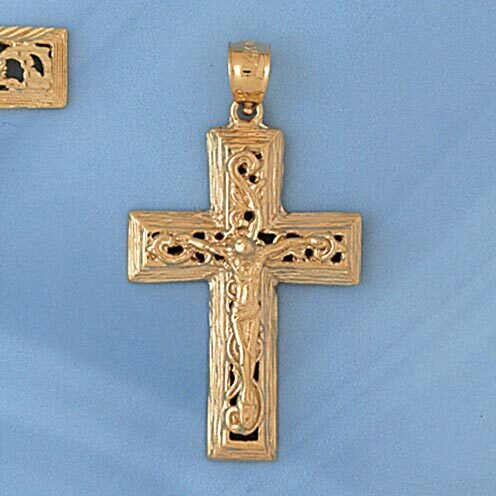Jesus Christ on Cross Pendant Necklace Charm Bracelet in Yellow, White or Rose Gold 8432