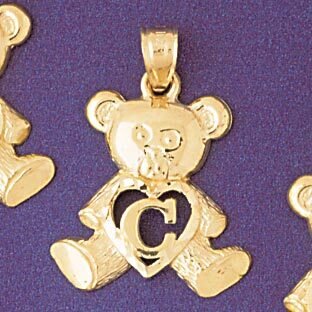 Initial C Teddy Bear Pendant Necklace Charm Bracelet in Yellow, White or Rose Gold 9580c