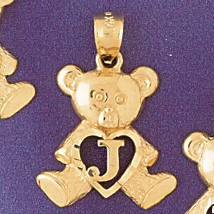 Initial J Teddy Bear Pendant Necklace Charm Bracelet in Yellow, White or Rose Gold 9580j