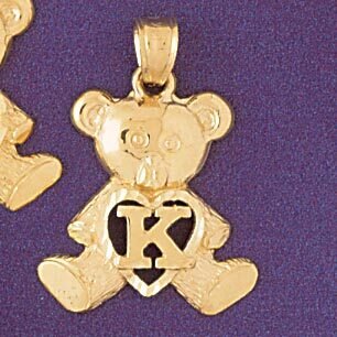 Initial K Teddy Bear Pendant Necklace Charm Bracelet in Yellow, White or Rose Gold 9580k